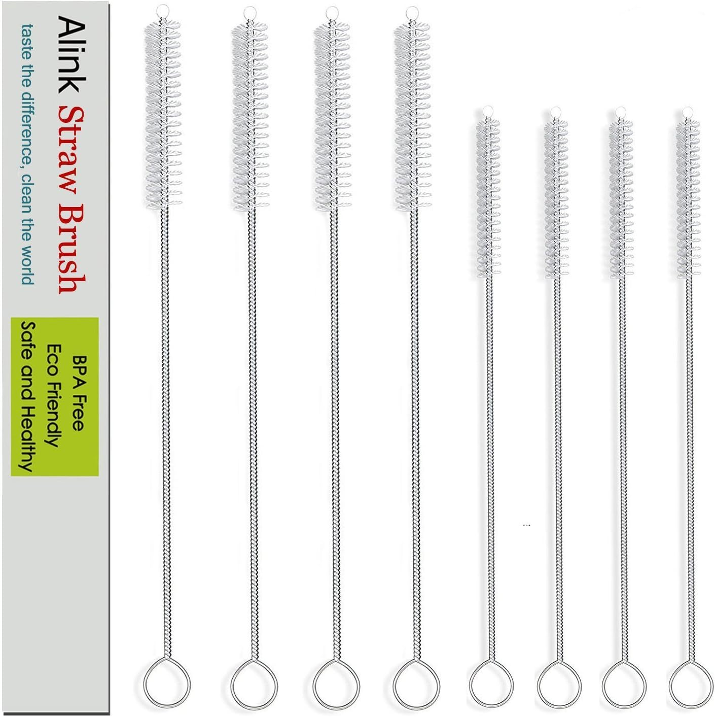 Alink Extra Wide Drinking Straw Cleaning Brush Kit, Pack of 8, 4-pcs 9" x 12 mm Cleaner for Boba Smoothie Straws, 4-pcs 7.5" x 7 mm Cleaner for Stainless Steel Tumbler Straws