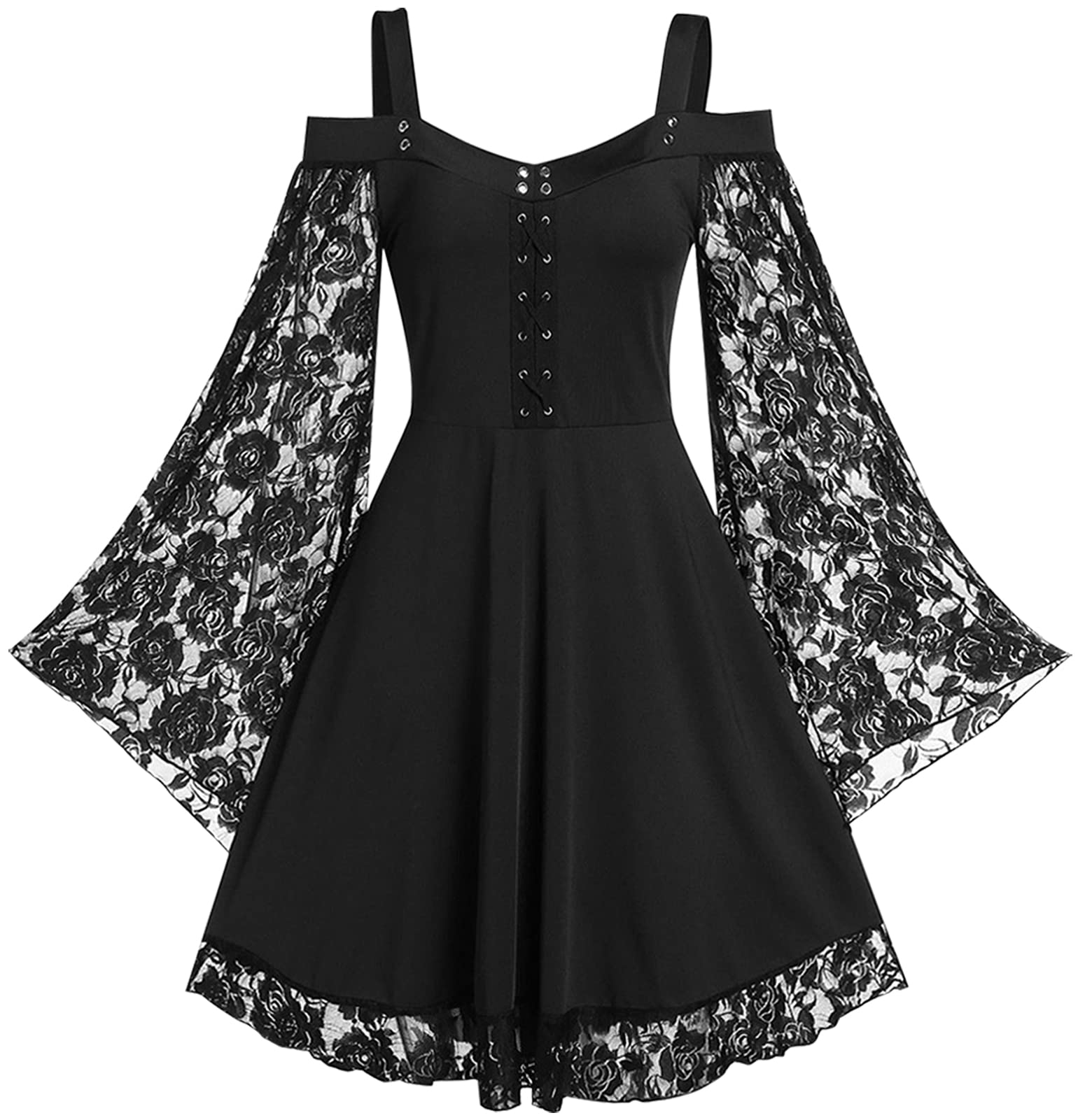 Photo 1 of Women’s Renaissance Victorian Dress Off Shoulder Lace Gothic Midi Dress Plus Size Long Sleeve Vintage Dress Steampunk Flowy Knee Length Dress Black
