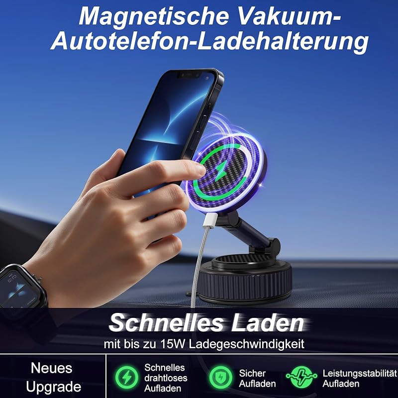 Upgraded Vacuum Magnetic Mobile Phone Holder Car, 15W Handyhalterung Auto Magnet, 360° Rotatable for Car/Mirror, Magnetic Phone Holder für iPhone & Android — Foto 8 von 8