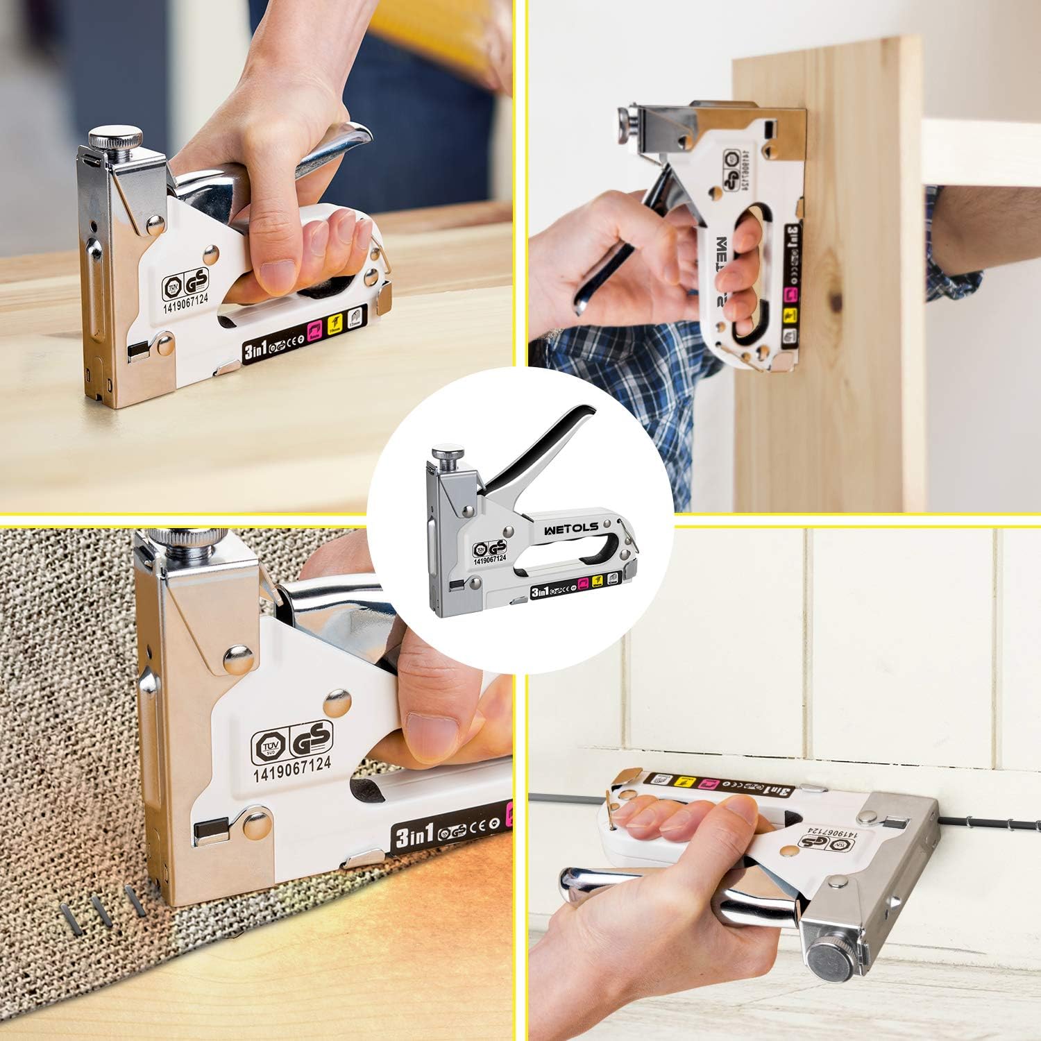WETOLS Staple Gun, Heavy Duty Staple Gun, 3 in 1 Manual Nail Gun with 2400 Staples(D, U and T-Type), for Upholstery, Material Repair, Carpentry, Decoration, Furniture, DIY - DY808 - - 