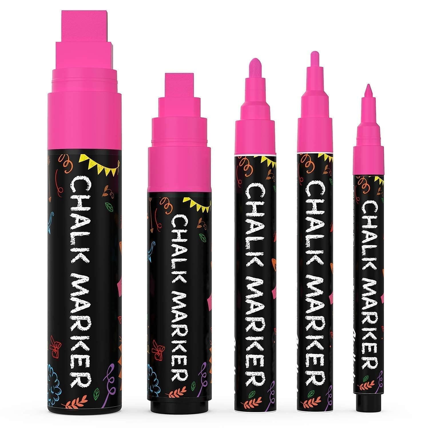 5 Pink Chalkboard Chalk Pens - Pink Dry Erase Markers for Blackboard, Chalkboard Signs, Windows, Glass | Variety Pack - Fine & Jumbo Size Ink Pen (1mm, 3mm, 6mm, 10mm, 15mm)