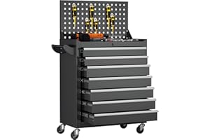 Greenvelly 7-Drawer Metal Tool Chest, Rolling Tool Chest with Wheels, Tool Cabinet with Pegboard and Hooks, Metal Tool Cart with Handle for Garage, Workshop, Warehouse (Black)