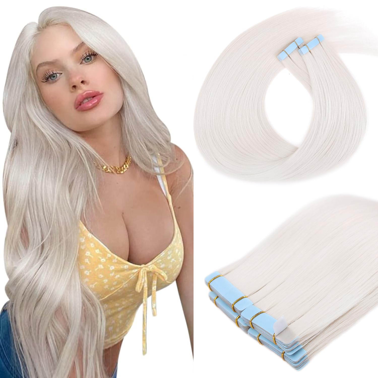 Mscat Tape in Hair Extensions 22 Inch 20Pcs 50g/pack ivory white Invisible Straight Hair Extensions Tape in(22Inch Darkest #60 ivory white) — image 1