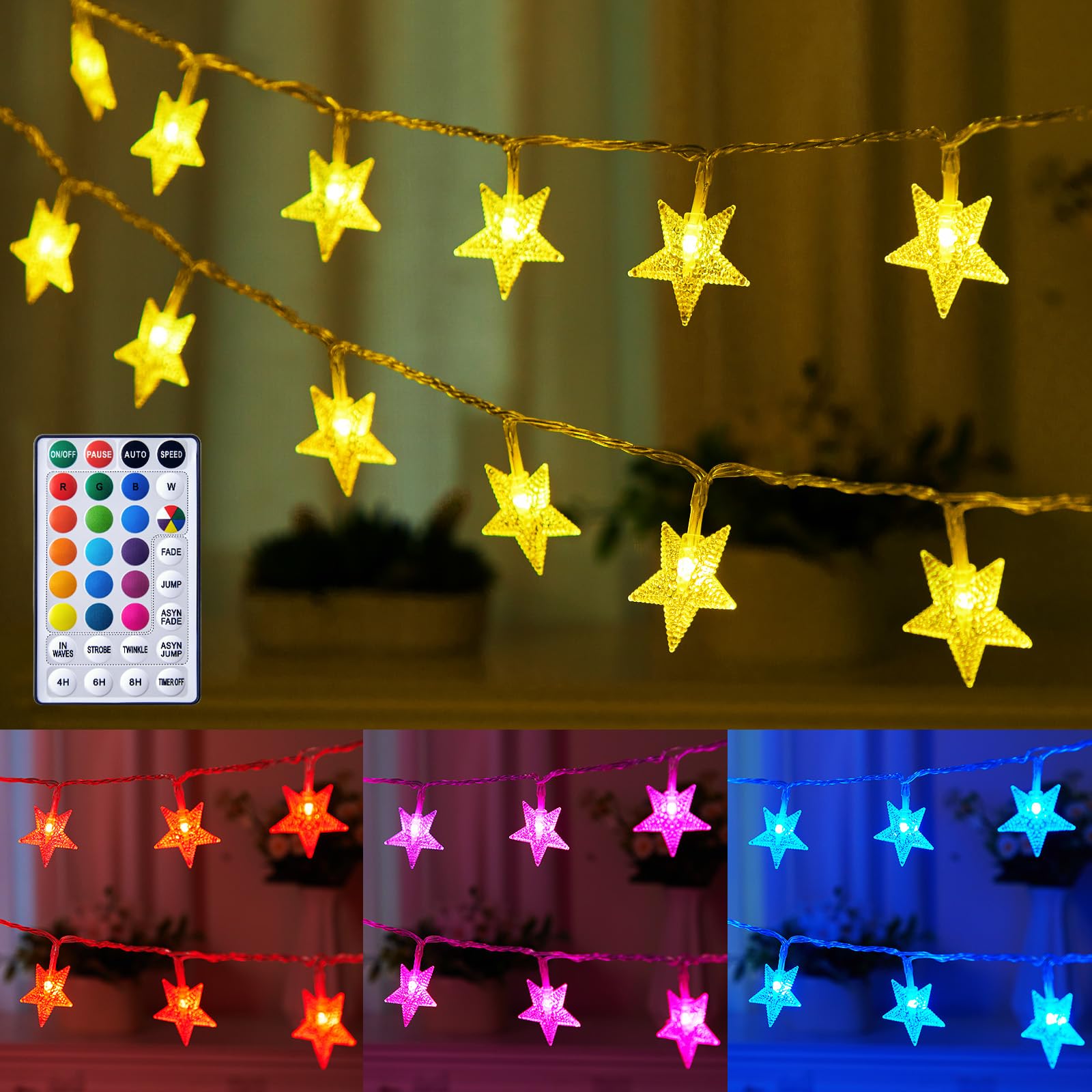 Photo 1 of Minetom Color Changing Star String Lights - 17 ft 50 LED Star Fairy Lights with Remote and Timer, 16 Colors and 7 Modes, USB Powered String Lights for Bedroom Tent Patio Xmas Party Indoor Decor