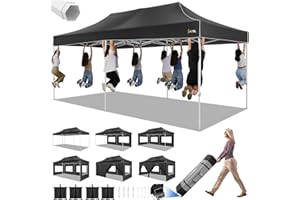 HOTEEL 10x20 Pop Up Canopy Tents for Parties, 10 by 20 Canopy with 6 Sidewalls Heavy Duty Commercial Instant Event Canopy Tent with Roller Bag & 4 Sand Bags, Black(Frame Thickened & Waterproof)