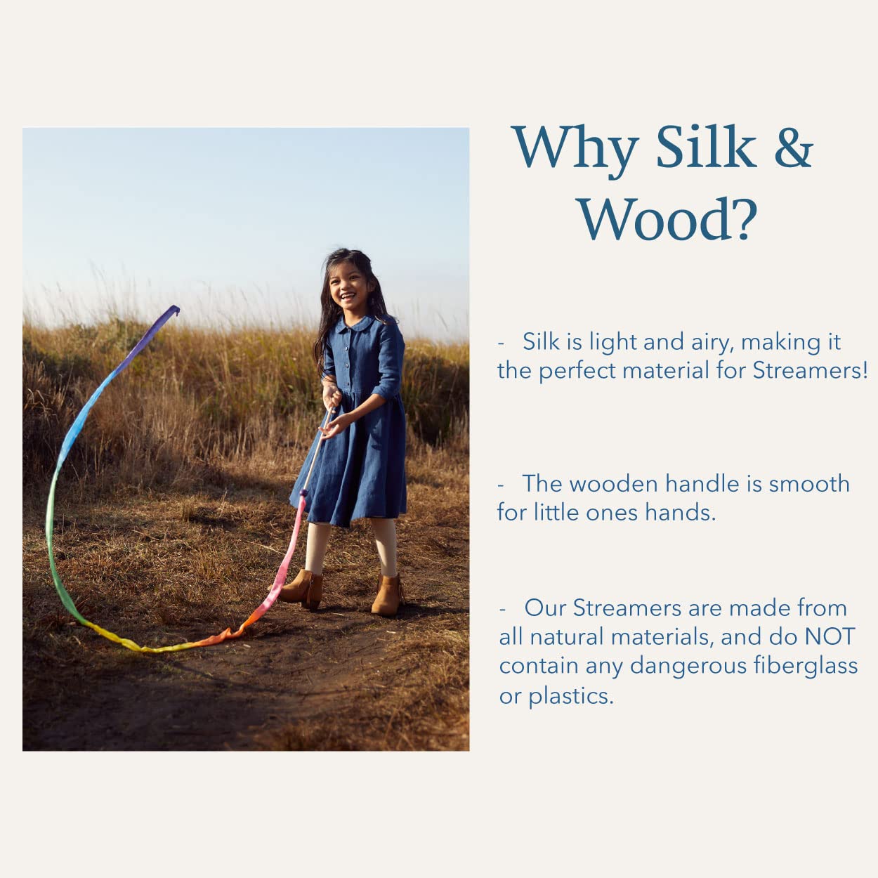 Sarah's Silks Rainbow Streamer - 8' Long Ribbon Wand for Kids, Pretend Play, Dance, Baton Stick Twirling, and Gymnastics Party Favors | 100% Silk and Wood Montessori and Waldorf Toys