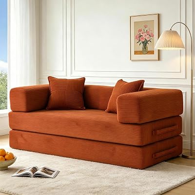 5 en 1 Versatile Canapé Compressé, Fabriqué en Velours Côtelé de Haute Qualité avec Forme de Mémoire Haute Densité, 160cm Canapé Convertible 2 Places pour Appartement, Orange