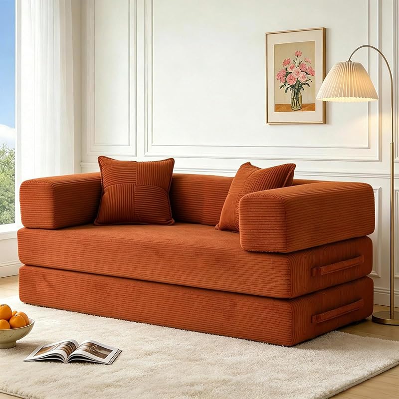 5 en 1 Versatile Canapé Compressé, Fabriqué en Velours Côtelé de Haute Qualité avec Forme de Mémoire Haute Densité, 160cm Canapé Convertible 2 Places pour Appartement, Orange