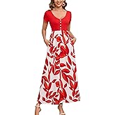 Kormei Women's Short Sleeve V Neck Button Loose Plain Maxi Dresses Casual Summer Tshirt Dress with Pockets