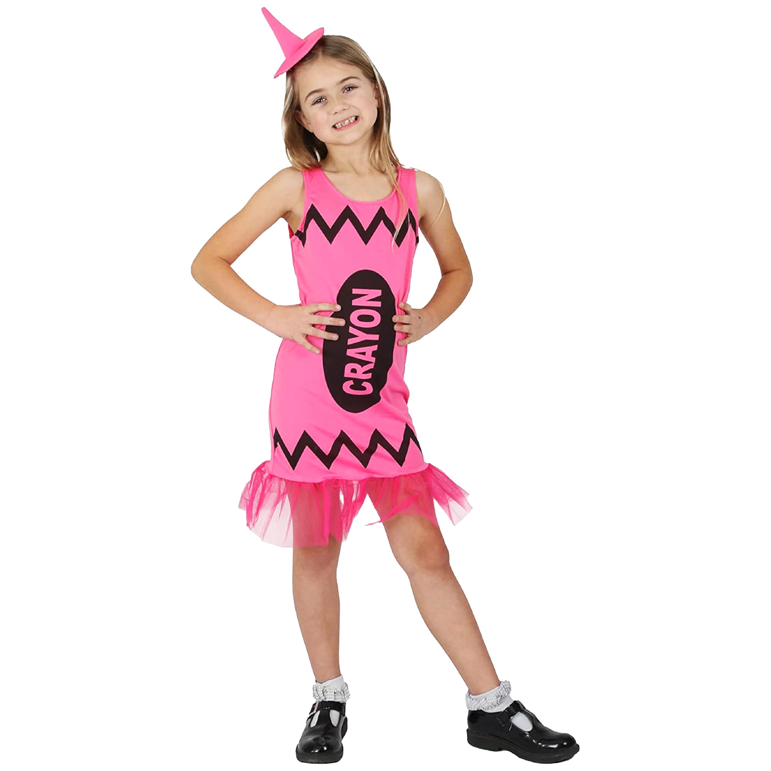 Kids Crayon Costume - X-Large - Bright Pink Dress with Tutu Trim and Matching Pointed Hat - Childs Girls Glitz & Glitter School Book Week World Book Day Fancy Dress Costume