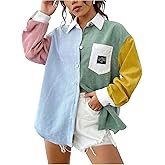 OYOANGLE Women's Corduroy Button Down Shirts Boyfriend Long Sleeve Drop Shoulder Colorblock Letter Patched Blouses Coats