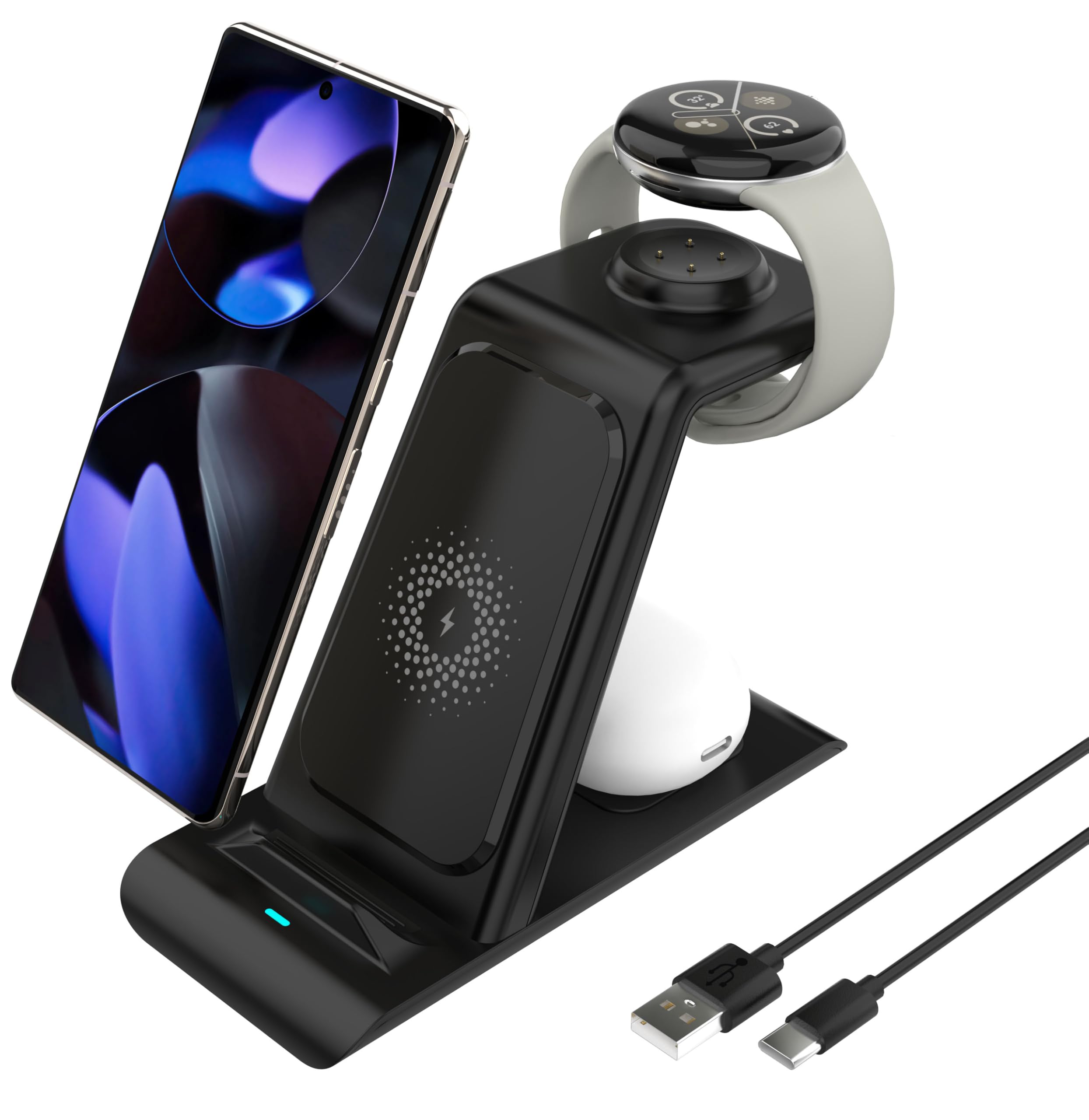 SPGUARD Wireless Charger for Google Pixel Watch 3/2 (Not for Google Pixel Watch2022),3 in 1 Wireless Charging Station for Pixel 10/10Pro/9/9Pro/8/8Pro/7/7a/7Pro/6/6 Pro/5/4/3/XL/Fold,Pixel BudsPro1/2