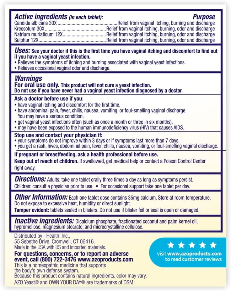 AZO Yeast Plus Dual Relief Tablets, Yeast Infection and Vaginal Symptom Relief, Relieves Itching & Burning, 60 Count (Pack of 2)