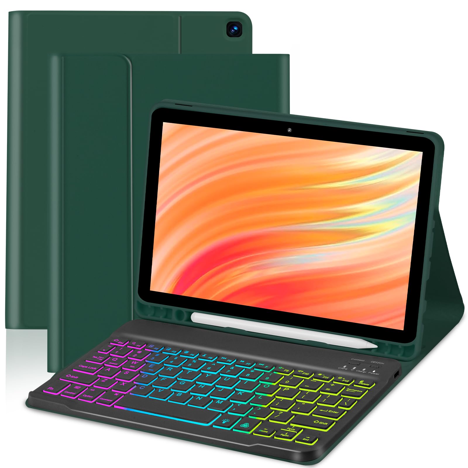 Photo 1 of EAMPANG Tablet Case with Keyboard for Amazon Kindle Fire HD 10&10 Plus 11/13th Gen 10.1 inch,7 Color Rainbow Backlit Detachable Keyboard Magnetic Cover with Pen Slot HD 10 2021&2023 Dark Green+Black