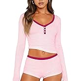 Dressmine Cute Pjs Pajama Sets for Women Sexy 2 Piece Valentines Pajamas Lounge Sleep Set Long Sleeve Shorts Sleepwear