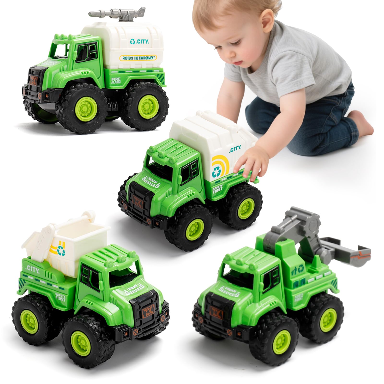 Photo 1 of 4 Pack Garbage Truck Toys for Toddlers – Push and Go Recycling Trucks for Boys and Girls Ages 2-5, Friction Powered Sanitation Vehicles with Realistic Details, Eco-Friendly Trash Truck Toy Set