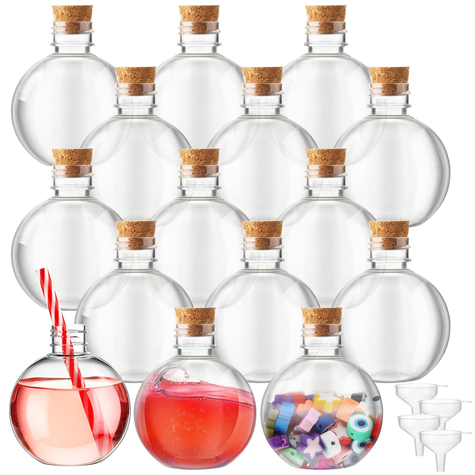 Photo 1 of Jinei 15 Packs 8 oz Ball Shape Plastic Sand Art Bottles with Lids Spherical Clear Potion Bottles with Funnel Christmas Cocktail Ornament Candy Jar for DIY Birthday Party(Wooden Cork,Wood Color)
