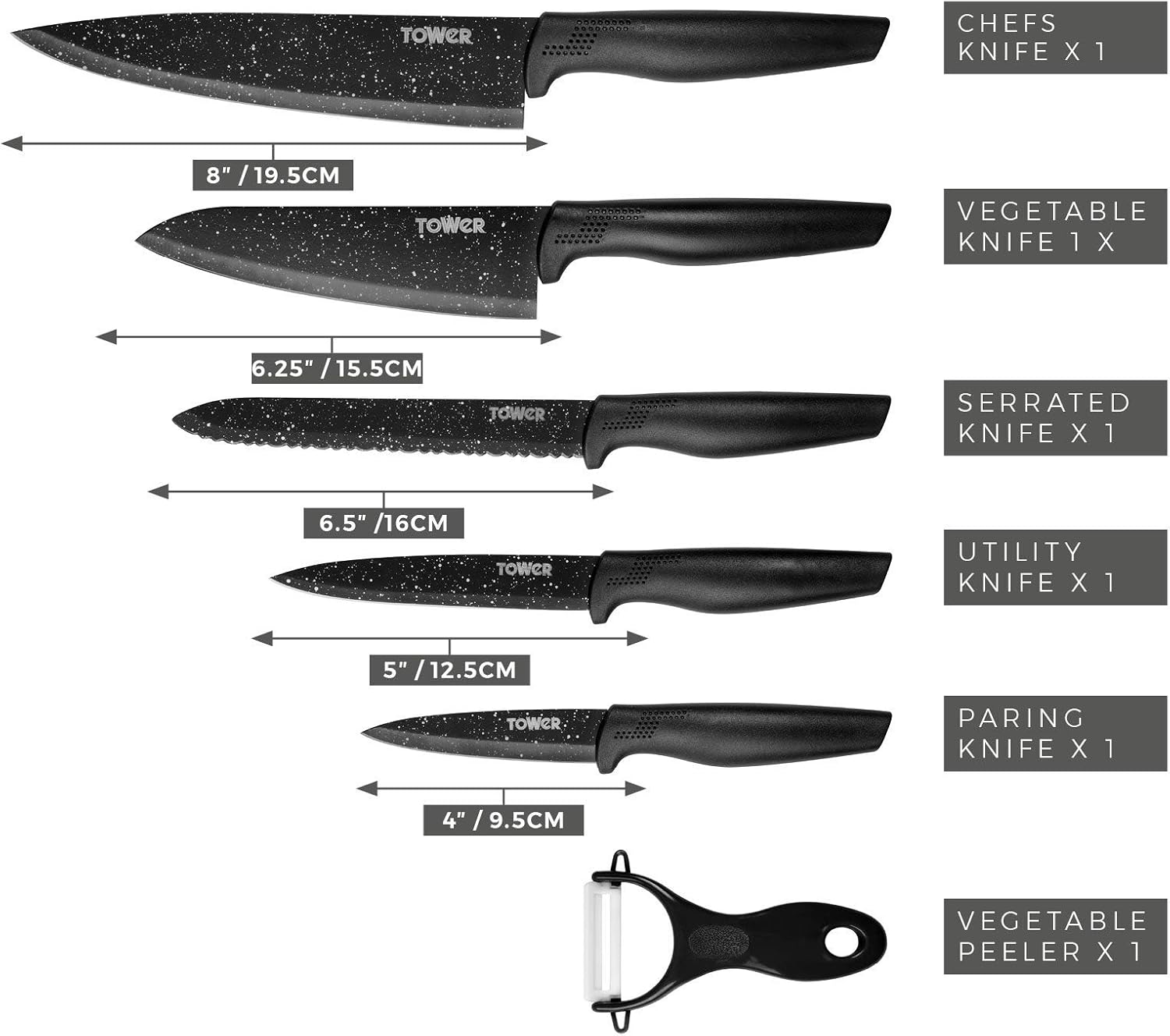 Tower T81522B Essentials Kitchen Knife Set, StoneCoated with Stainless