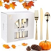 WDF 180 Count Gold Plastic Silverware Set - Heavy Duty Disposable Cutlery (60 Forks, 60 Knives, 60 Spoons) - BPA-Free Gold Flatware for Wedding/Fall Party/Baby Shower/Thanksgiving/Christmas