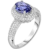 KOKAV 14K White Gold Genuine Tanzanite Ring 1-1/2 Ct Oval Double Halo Diamond, Size 7