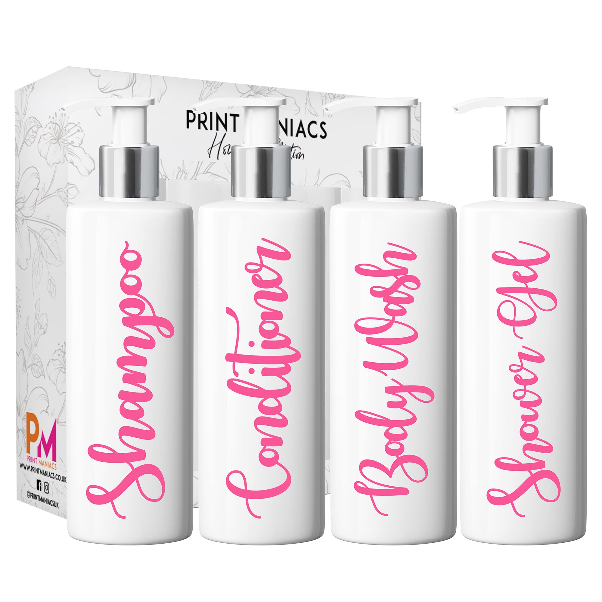 Print Maniacs White Mrs Hinch Inspired Personalised 500ml Pump Bottles Bathroom Lotion Kitchen Set Shampoo Conditioner (Shower Gel Set) (Baby Pink)