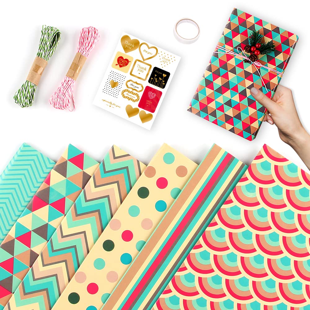 Gift Wrapping Paper, 10Pcs Birthday Kraft Wrapping Paper Sheets 70x50cm Recyclable Gift Wrap with 2 Ropes, 1 Double-Side Tap, 1 Sticker, for Christmas, Birthday, Baby Shower, Wedding Gift Wrap