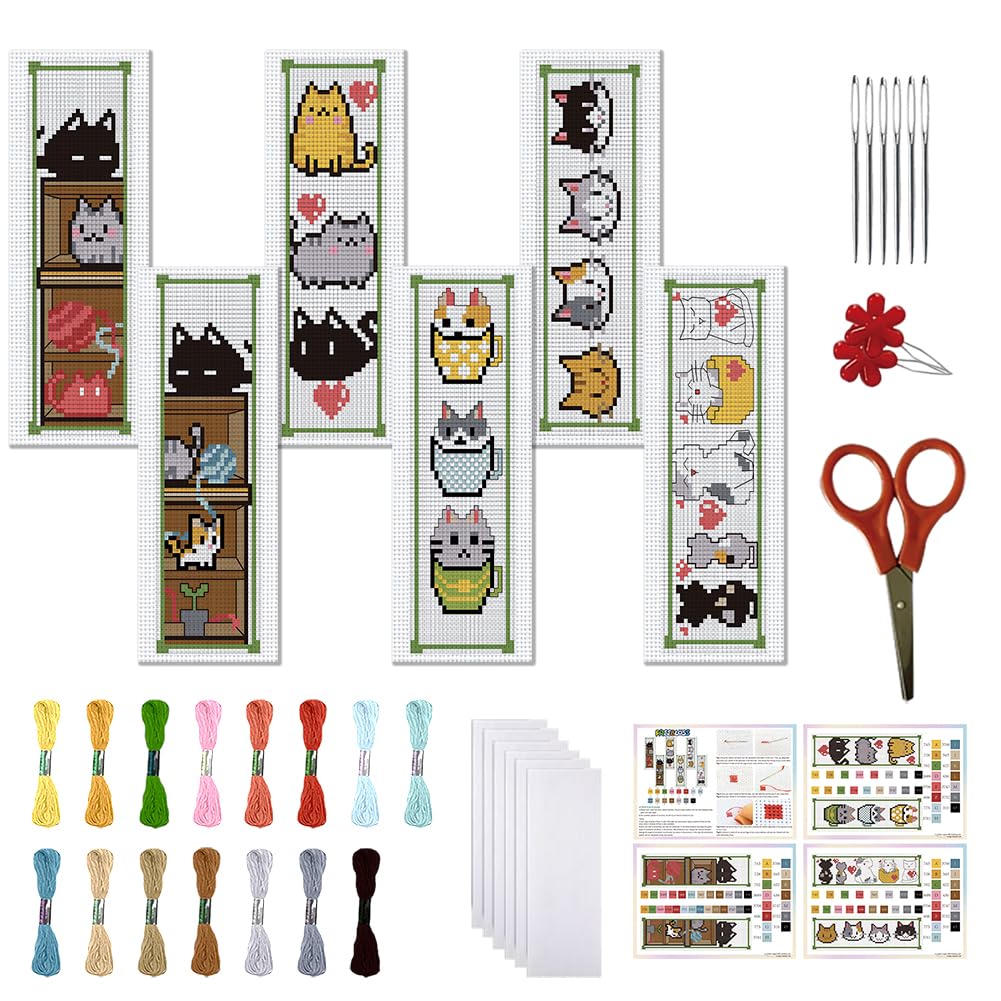 FREEBLOSS 6 Sets Cartoon Cat Cross Stitch Bookmark Kits for Beginners 22 * 8cm Cross Stitch Kit with Instructions Full Kit of Cross Stitch Handmade Bookmark