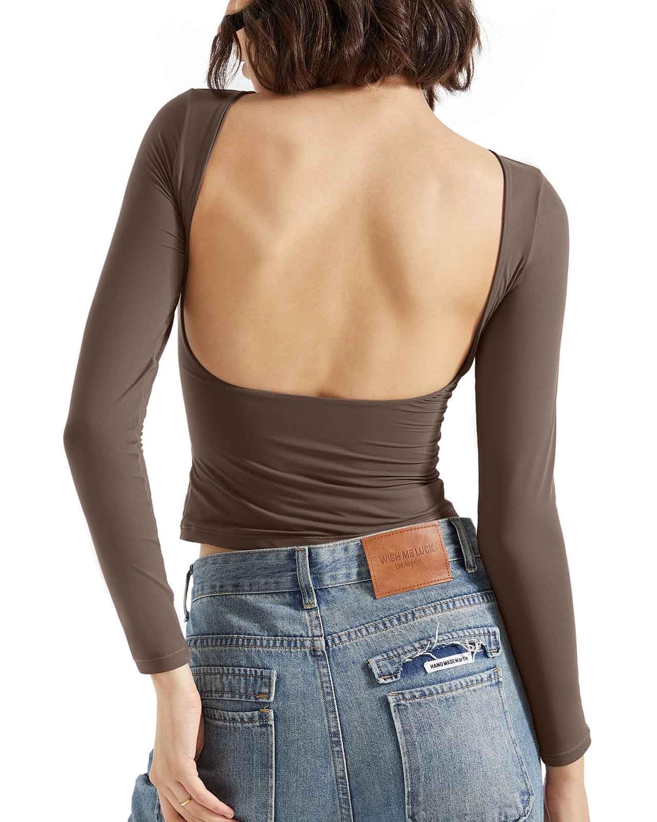 Photo 1 of SUUKSESS Women Backless Going Out Tops Double Lined Open Back Basic Long Sleeve T Shirts (Mocha, M)