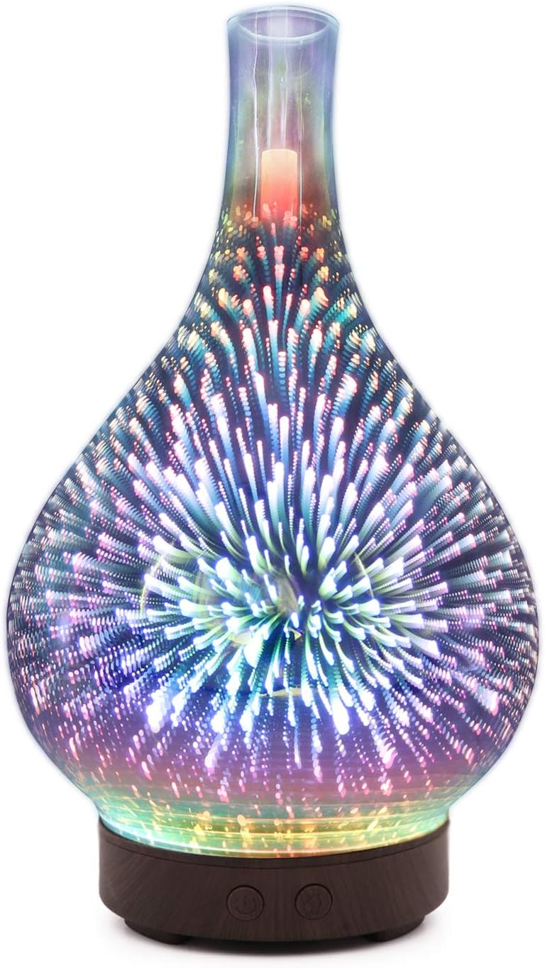 TOMNEW Glass Oil Diffuser 100ml Art Usltrasonic Essential Oil Aromatherpy Diffuser Fireworks Humidifier for Home Office Living Room Spa Yoga 3D