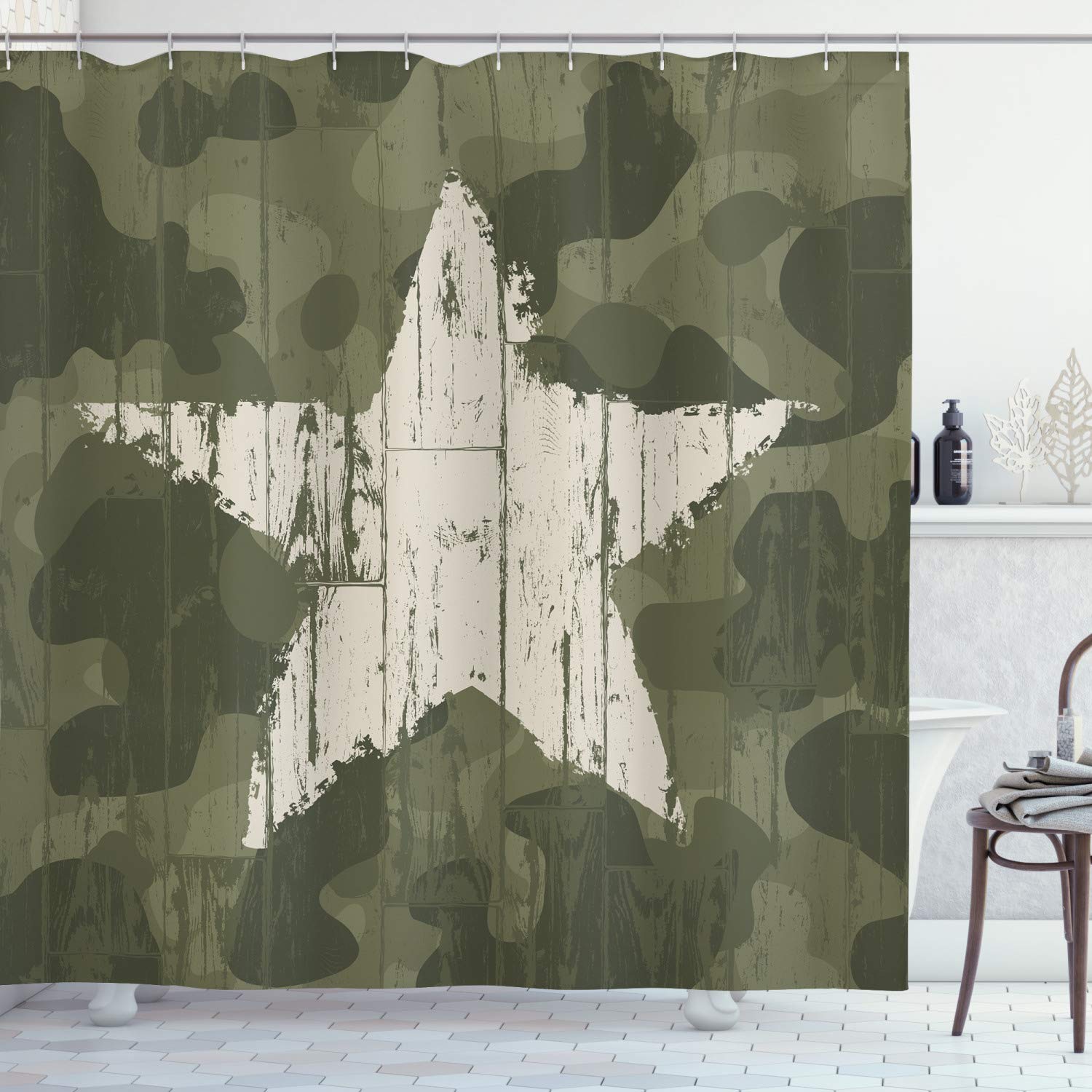 ABAKUHAUS Camouflage Shower Curtain, Grungy Star on Camoflage Background Hiding Theme Abstract Design, Cloth Fabric Bathroom Decor Set with Hooks, 78 Inches, Dark Green Dust