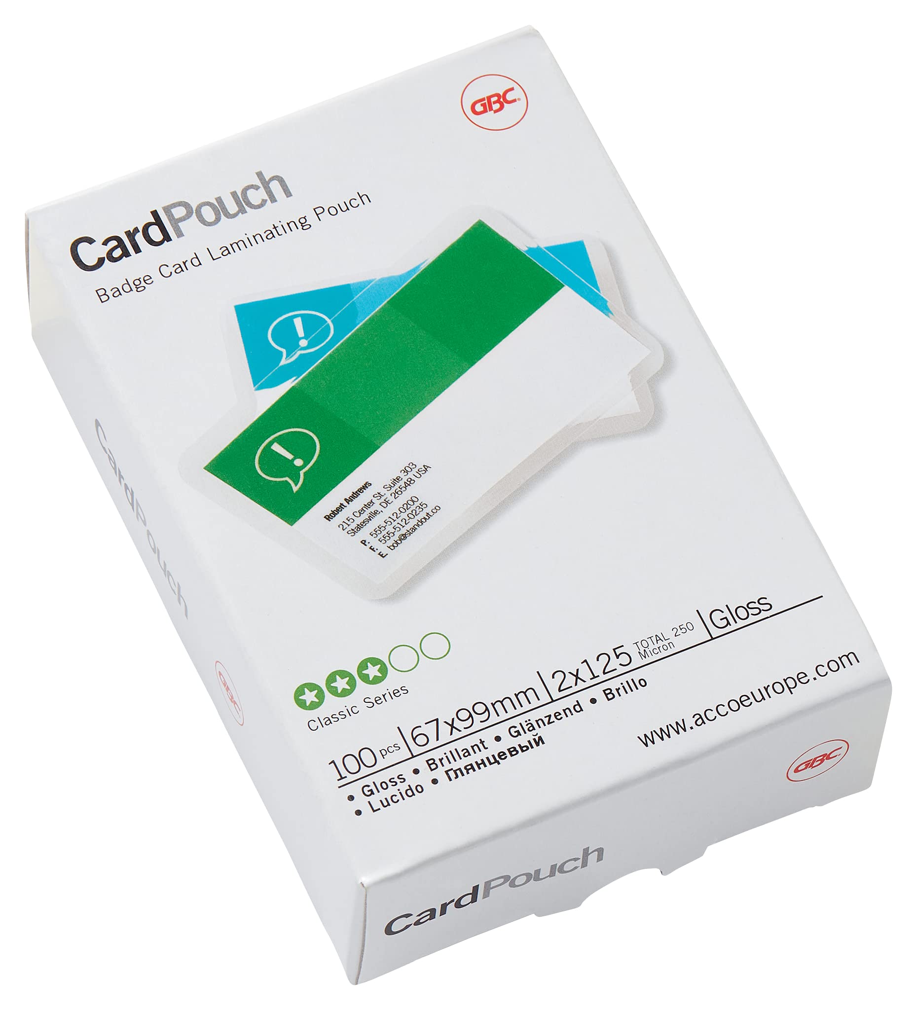 GBC, 67x99mm 2x125 Micron Gloss Card Laminating Pouches, Pack of 100, 3743177