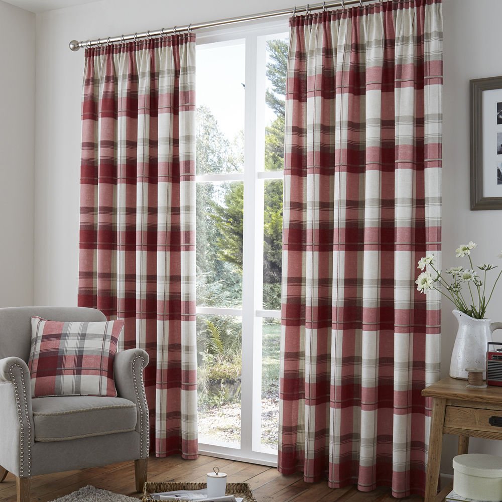 Red Cream Check Striped Tartan 3 Tape Top Fully Lined Curtains