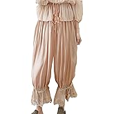 UAURORAO Women Lace Trim Long Bloomers Elastic Mid Rise Ruffle Pantaloons Cropped Flared Slips Pants Pajama Bottoms