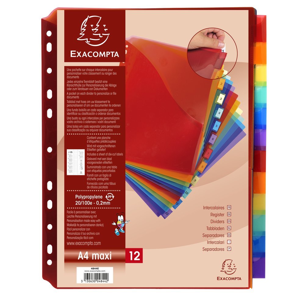 Exacompta - Ref 4844E - PP Document Dividers - Suitable for Use With A4+ Documents, Made from Polypropylene, Pre-Punched & Pre-Printed - 12 Part Dividers - Multicoloured