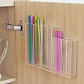NiHome 9.5” Large Clear Stepped Straw Holder for Cabinet Door, Acrylic Organizer for Regular & Kids' Straws, Stir Sticks, Brushes & Spoons, Ultra-Sticky Mount, Space-Saving Kitchen Storage Container