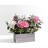 Mr.Bom Artificial Flowers Arrangement Pink Roses & Hydrangeas in Wooden Box, Realistic Floral Centerpiece for Home Table Wedding Decoration