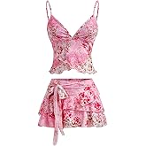 MakeMeChic Women's 2 Piece Summer Outfits Floral Lettuce Trim Cami Top and A Line Mini Skirt Vacation Set