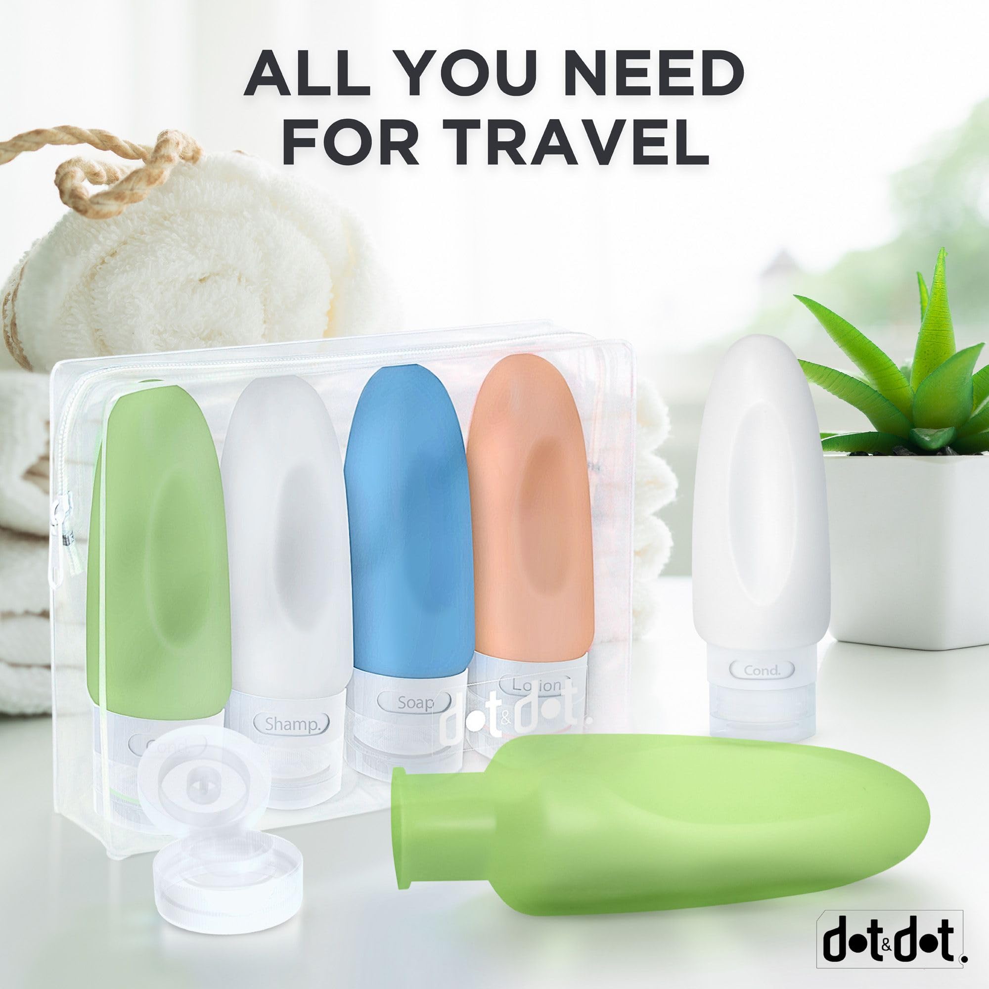 Dot&Dot Leak Proof Travel Bottles - TSA Approved 3oz Silicone Toiletries Travel Shampoo & Conditioner Containers with Labels