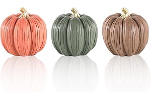 GOGNOME Set of 3 Mini Resin Pumpkins – Hand-Painted Fall Harvest Table Decorations in Brown, Orange & Green, 3.5” Autumn Décor for Thanksgiving Day Farmhouse Styling (Multicolor)