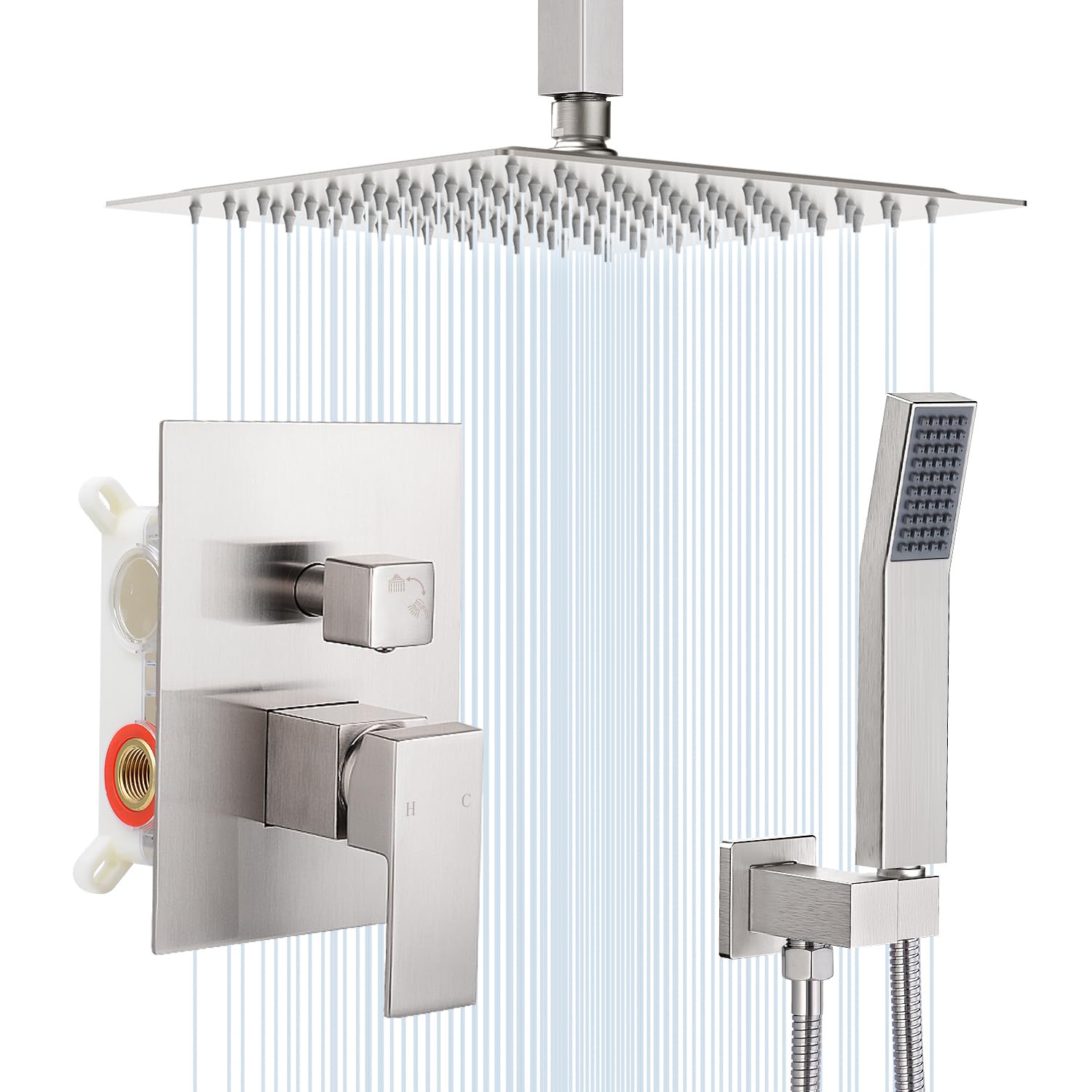 Photo 1 of ***PARTS ONLY***HGN 10 Inch Ceiling Mount Shower Faucet Set Square Showerhead Bathroom Rainfall Shower System SUS304 Stainless Steel Shower Trim Kit (Brush Nickel)