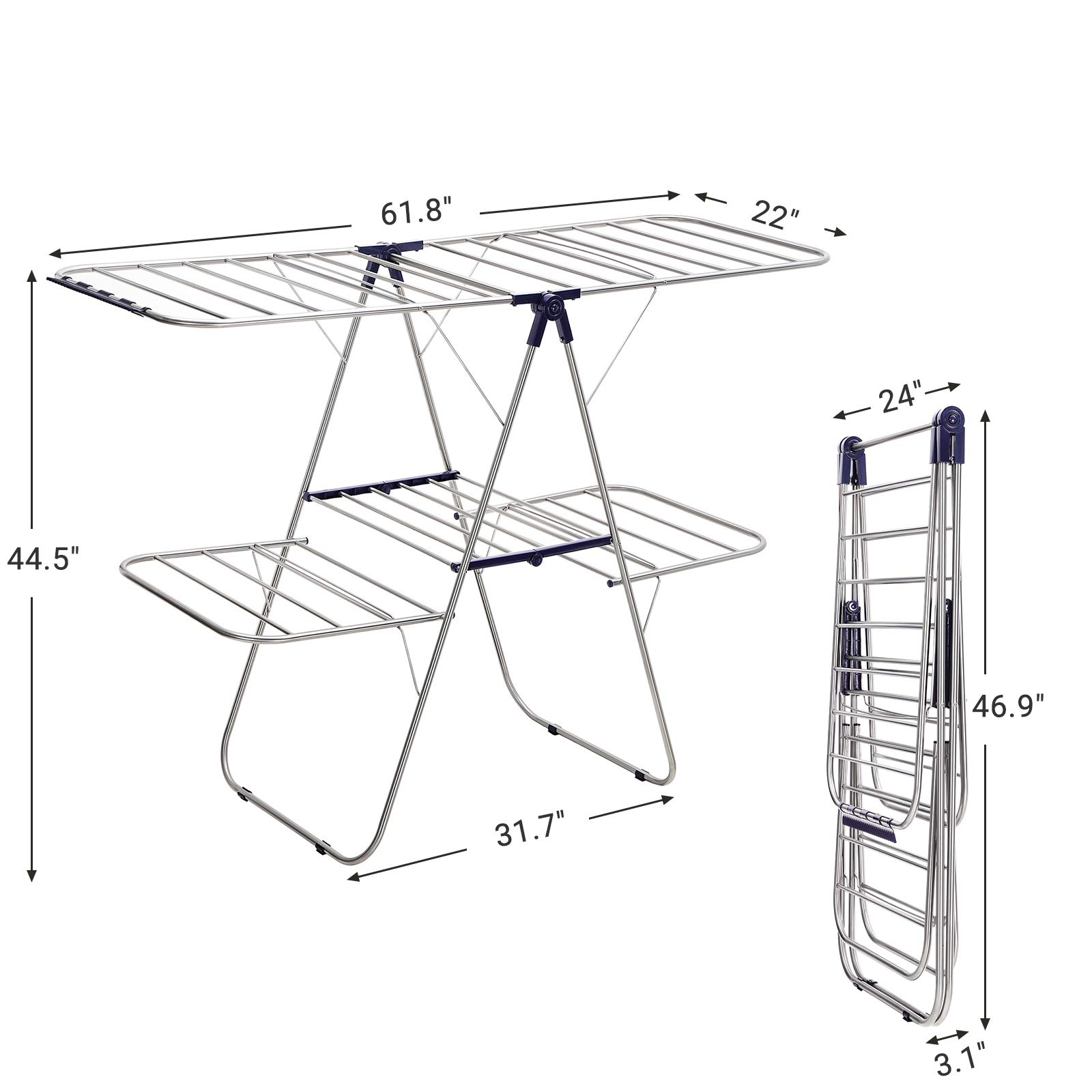 SONGMICS Foldable Clothes Drying Rack, 2-Level Stable Indoor Airer, Free-Standing Laundry Stand, with Height-Adjustable Wings, for Bed Linen, Clothing, Socks, Scarves, Blue ULLR53BU SIMILAR TO LOT PHOTO