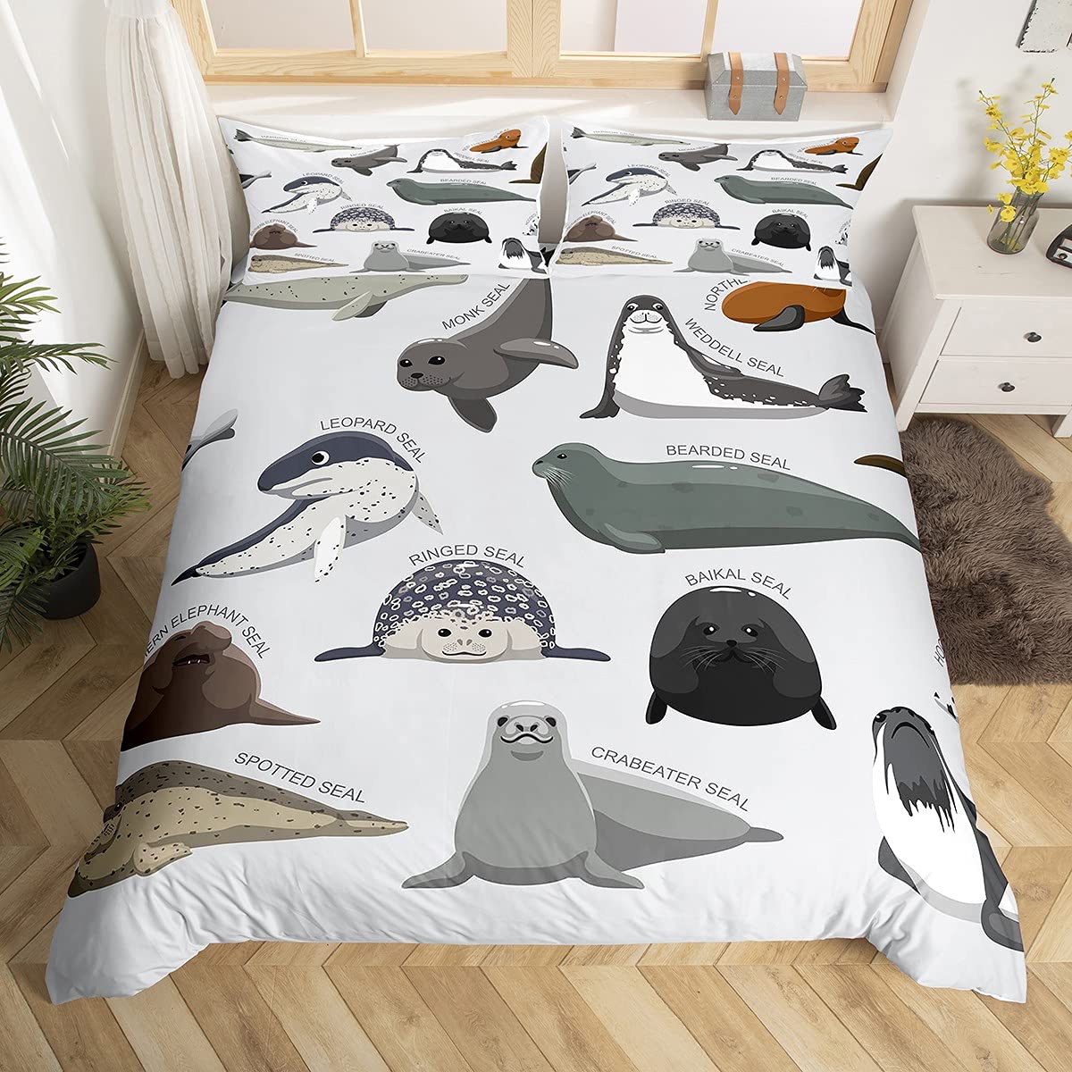 Kids Cartoon Seal Bedding Set Cute Ocean Marine Animal Bedding Duvet Cover Set For Boys Girls Teens Sea Creature Comforter Cover Seal Collection Bedding & Linen Bedroom Quilt Cover 3Pcs King