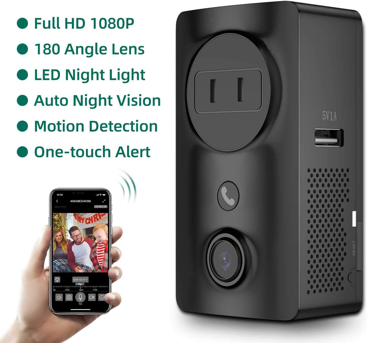 Security Camera Wireless, Monja Portable Outlet Cameras, WiFi Nanny Cam with Socket, USB Port, Induction Lights, 180 Angle Lens, One-Click Alarm, Motion Detect, Night Vision for Indoor Home Security