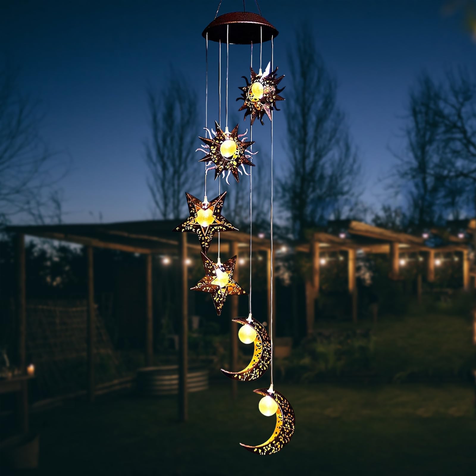 ZVO Solar Wind Chimes with Sun Moon Star, Wind Bells for Outdoor Waterproof LED Lamp, Hanging Light Garden Decoration for Balcony Terrace