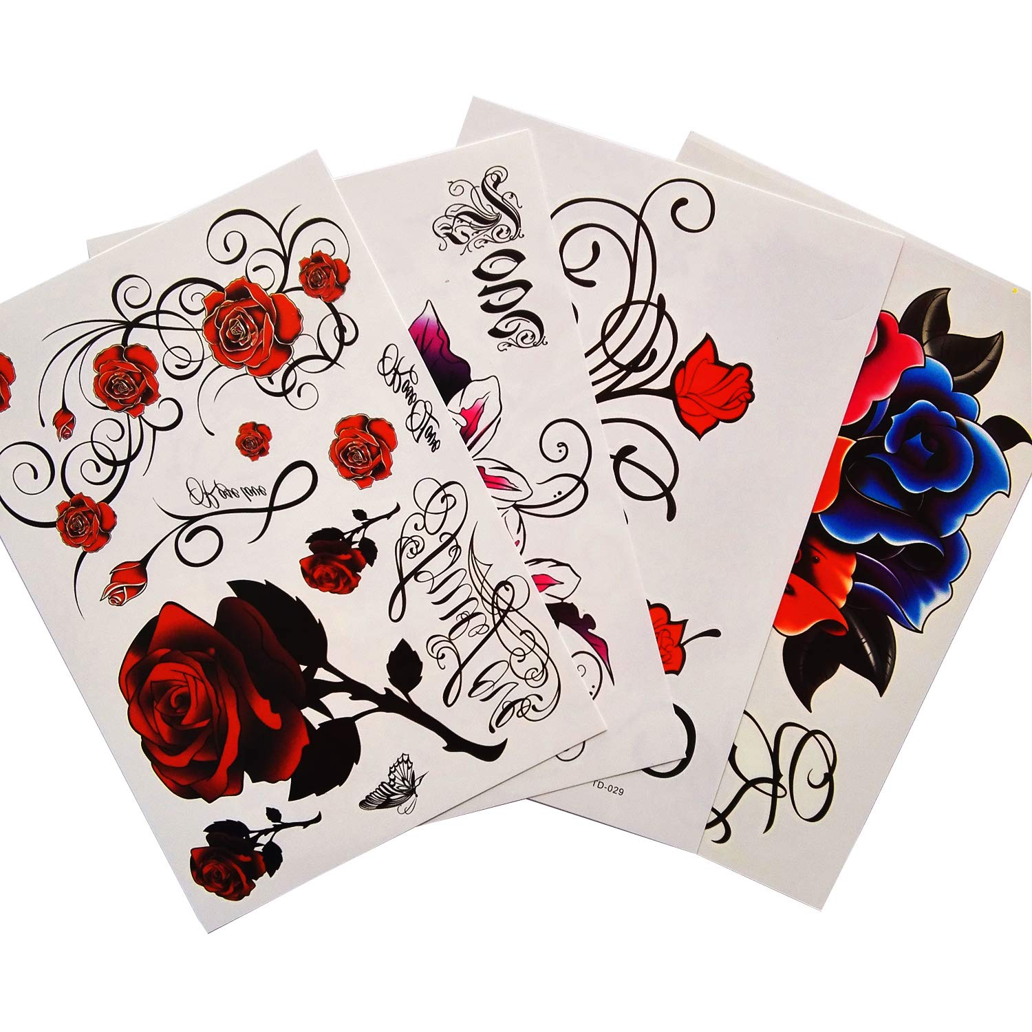 Kotbs 4 Sheets Mix Large Body Art Flowers Temporary Tattoo Paper Waterproof Tattoos Sticker for Women Make up