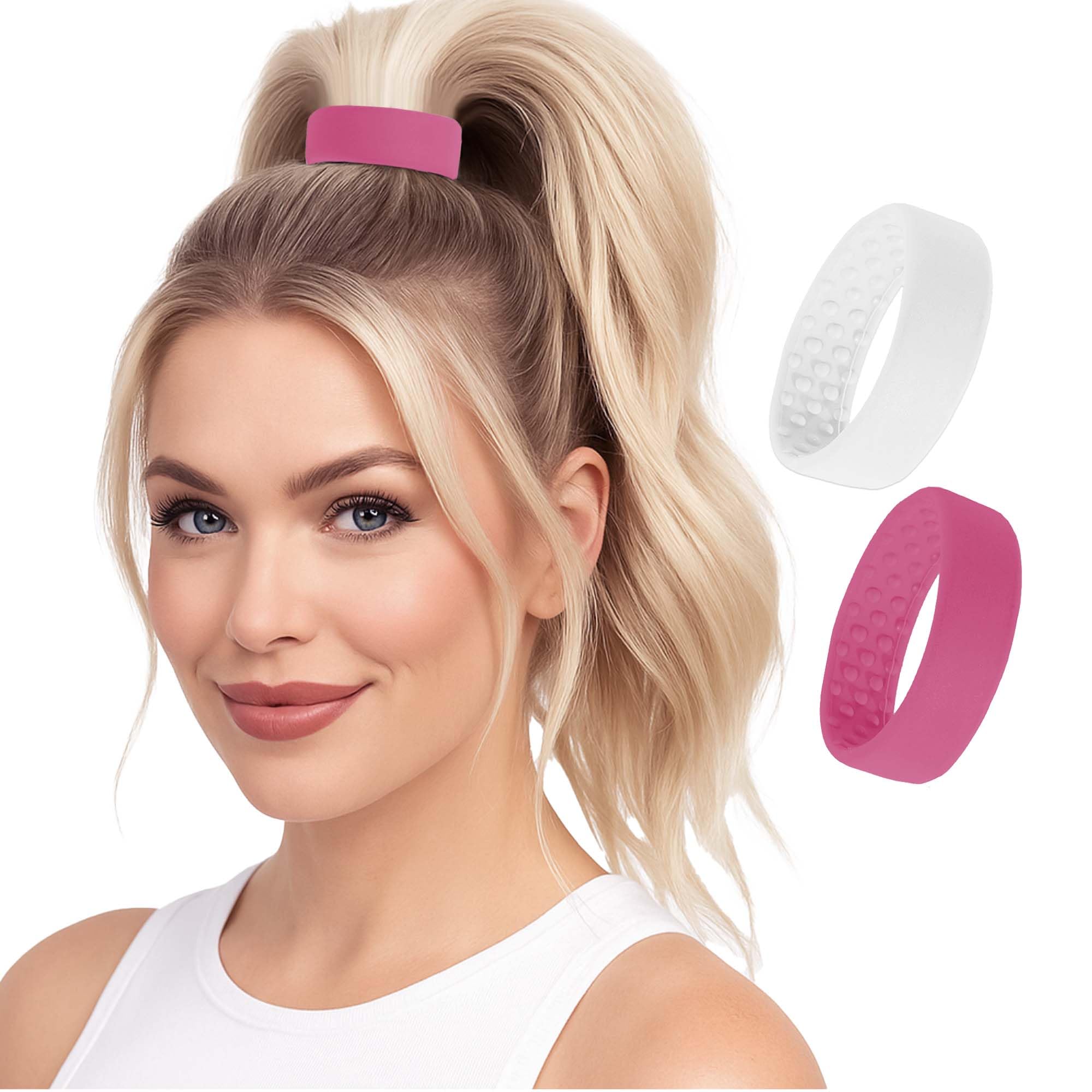 2 Medium PONY-Os for Fine to Normal Hair or Slightly Thick Hair Volumizing, Comfortable & Non-Damaging (Hot Pink and White)