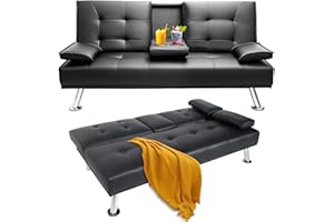 TINKLE WELL Futon Sofa Bed, Modern Faux Leather Futon Sofa Bed with 2 Cup Holders and Pillows, Convertible Folding Futon Couch for Compact Living Space, Black