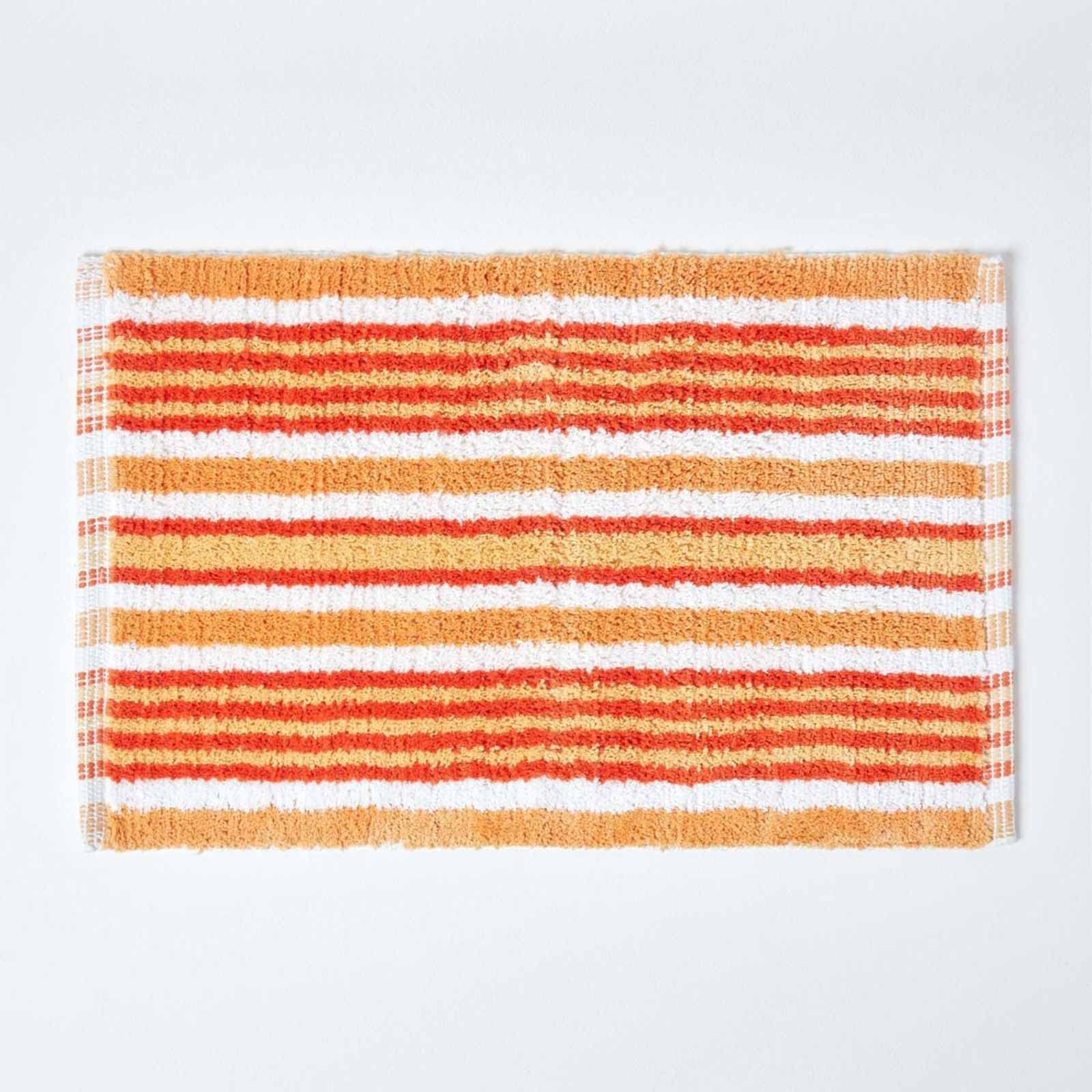 HOMESCAPES Handloomed Orange Striped Rug, 100% Cotton Bath Mat Suitable for any Room Including Wet Rooms