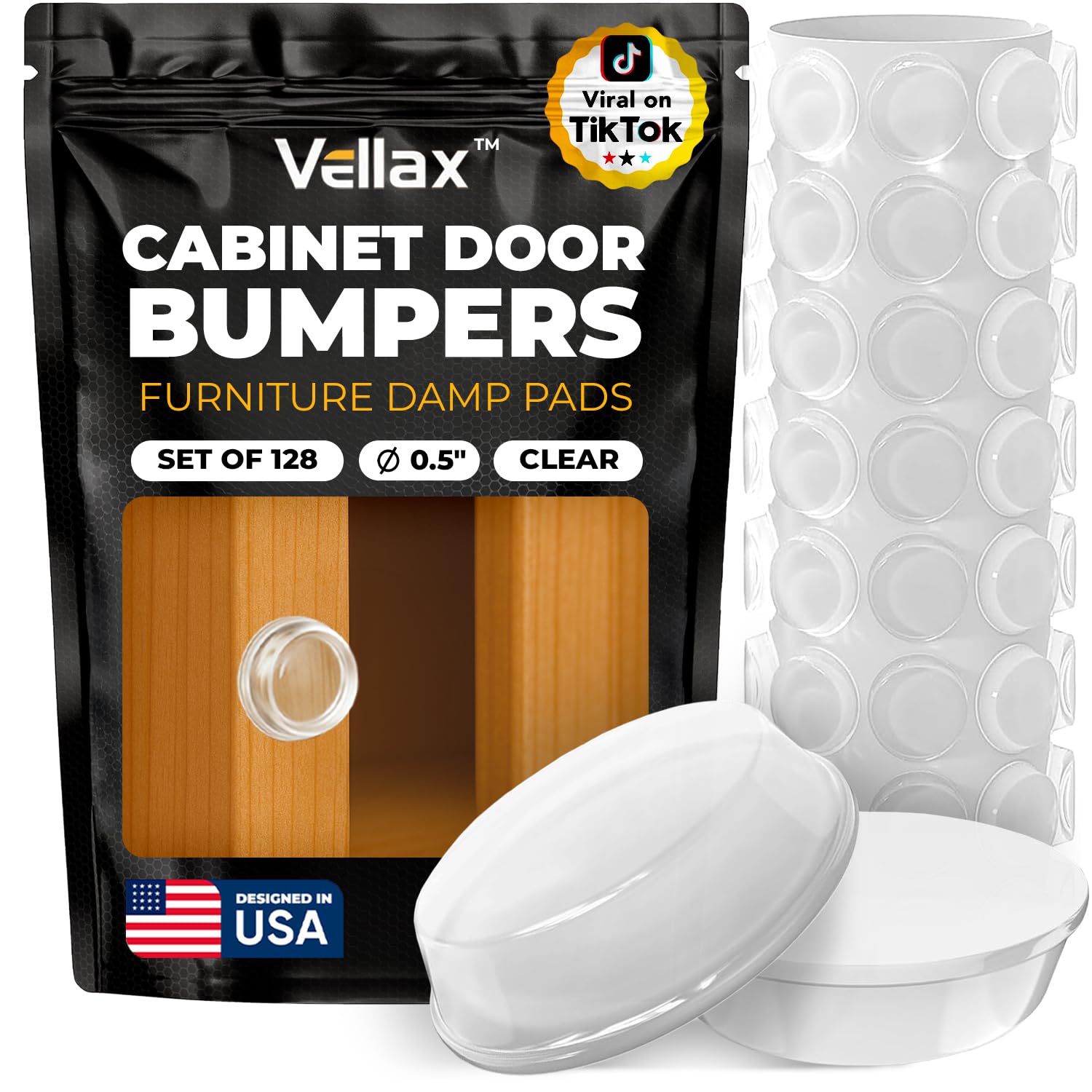 Photo 1 of 128 Clear Cabinet Door Bumpers - 1/2 Inch Self Adhesive Rubber Stoppers for Drawers, Damp Pads Cupboards, Cutting Boards, Glass Tops, Picture Frames - Vellax