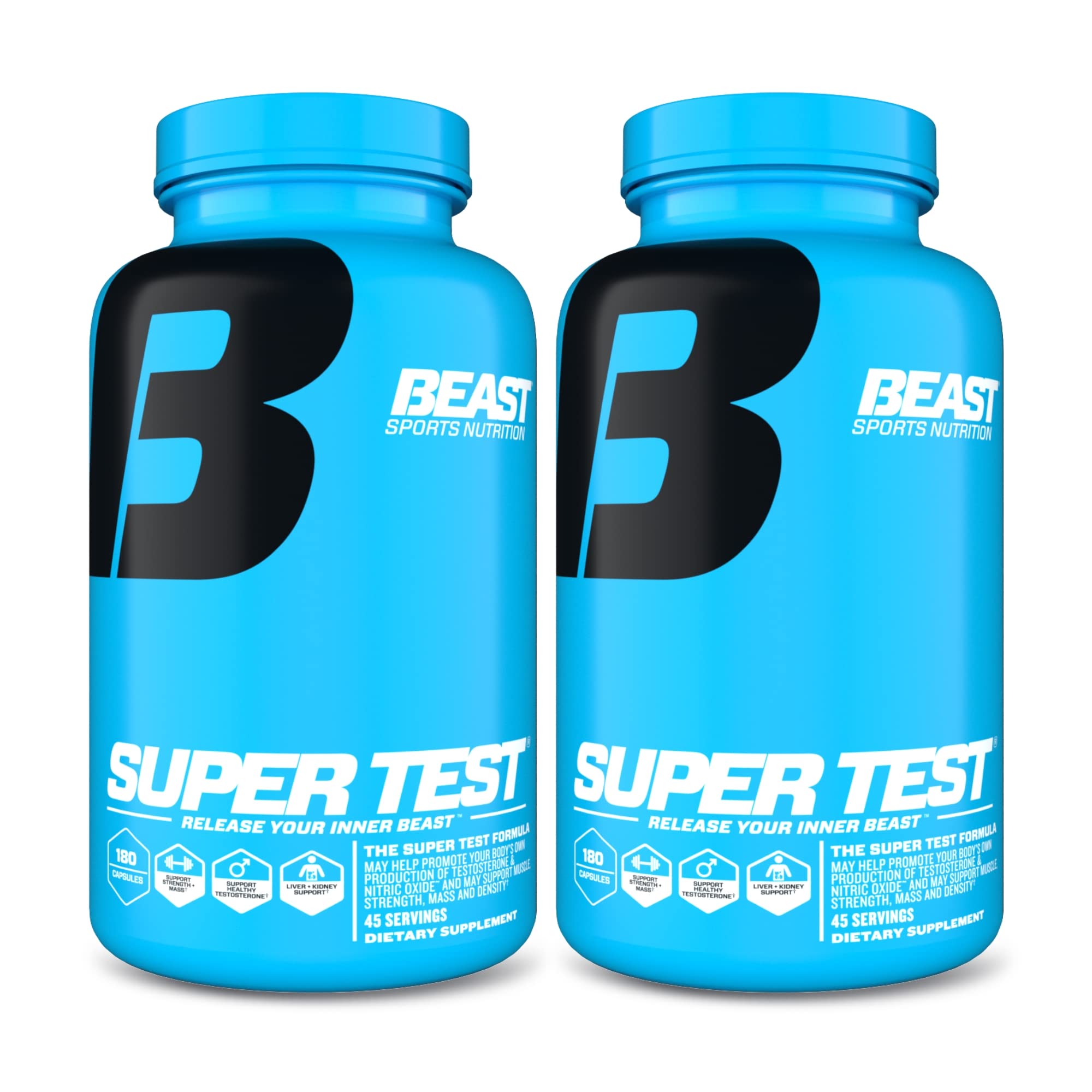 Beast Sports Nutrition Super Test - 180 Capsules, Pack of 2 - Boost Natural Testosterone Levels - Maximize Strength, Burn Body Fat, Faster Recovery & Increase Performance - 90 Total Servings